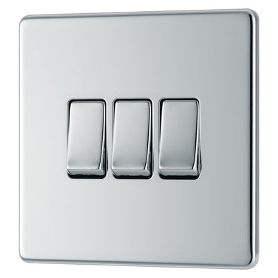 BG Screwless Polished Chrome 20A 16AX 2 Way Triple Light Switch FPC43 with 25mm Steel Back Box