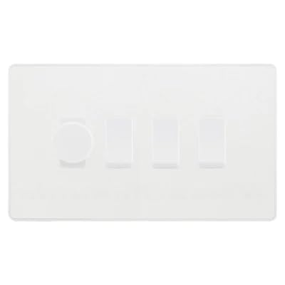BG Evolve Pearlescent White 4 Gang Switch 1x Trailing Edge LED Dimmer 3x Intermediate Custom Grid Switch by British General (BG-Evolve-CL-4G-CUSTOM-1x-Dimmer-3x-INT)