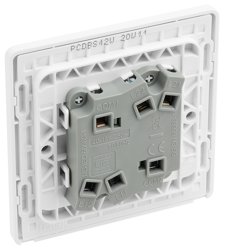 PCDBS42W Back - This Evolve Brushed Steel 20A 16AX double light switch from British General can operate 2 different lights, whilst the 2 way switching allows a second switch to be added to the circuit to operate the same light from another location (e.g. at the top and bottom of the stairs).