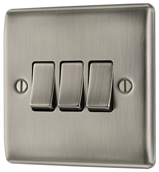 NBI43 Front - This brushed Iridium finish 20A 16AX triple light switch from British General can operate 3 different lights whilst the 2 way switching allows a second switch to be added to the circuit to operate the same light from another location (e.g. at the top and bottom of the stairs).