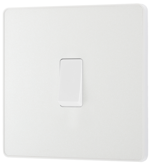 PCDCL13W Front - This Evolve pearlescent white 20A 16AX intermediate light switch from British General should be used as the middle switch when you need to operate one light from 3 different locations, such as either end of a hallway and at the top of the stairs.