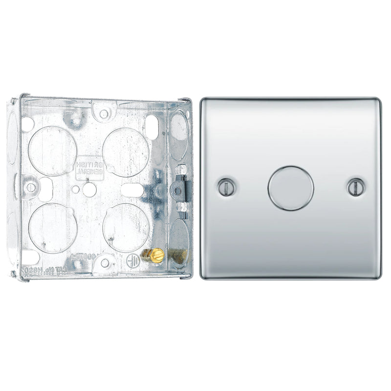 BG Nexus Polished Chrome 200W 2 Way Single Trailing Edge Dimmer Switch NPC81 with 25mm Steel Back Box
