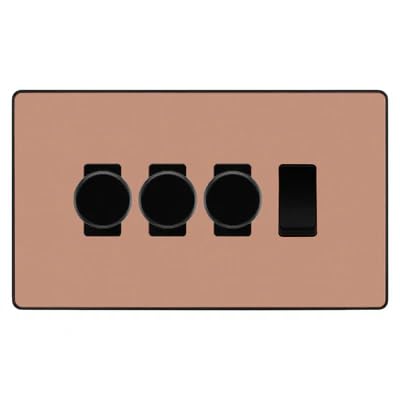 BG Evolve Polished Copper 4 Gang Switch 3x Trailing Edge LED Dimmer 1x Intermediate Custom Grid Switch by British General (BG-Evolve-CP-4G-CUSTOM-3x-Dimmer-1x-INT)