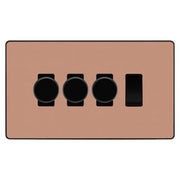 BG Evolve Polished Copper 4 Gang Switch 3x Trailing Edge LED Dimmer 1x Intermediate Custom Grid Switch by British General (BG-Evolve-CP-4G-CUSTOM-3x-Dimmer-1x-INT)