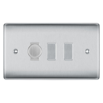 BG Nexus Brushed Steel 3 Gang Light Switch Grid – 1x Trailing-Edge LED Dimmer, 1x Intermediate, 1x 2-Way Switch by British General (BG-Nexus-BS-3G-1x-Dimmer-1x-INT-1x-2Way)