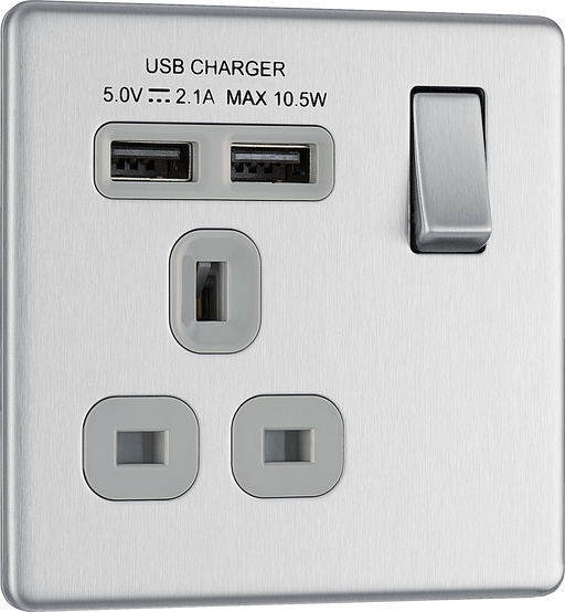 FBS21U2G Front - This completely screwless and slimline flat plate 13A single power socket from British General comes with two USB charging ports allowing you to plug in an electrical device and charge mobile devices simultaneously without having to sacrifice a power socket.