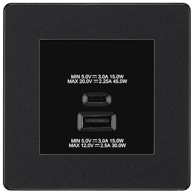 BG Evolve Matt Black 45W USB Wall Socket Euro Module USB-A & C - Black Insert by British General (BG-PCDMBEMS2B+EMUSBAC45B)