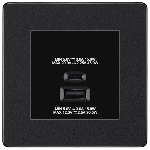 BG Evolve Matt Black 45W USB Wall Socket Euro Module USB-A & C - Black Insert