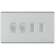 BG Screwless Brushed Steel 4 Gang Light Switch Grid – 2x Trailing-Edge LED Dimmer, 1x Intermediate, 1x 2-Way Switch by British General (BG-SCRL-BS-4G-2x-Dimmer-1x-INT-1x-2Way)