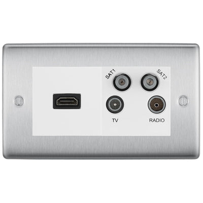 BG Nexus Brushed Steel 4G Faceplate with HDMI + TV/FM/SAT Module - White Insert by British General (BG-NBSEMR4-HDMI-TVFM2W)