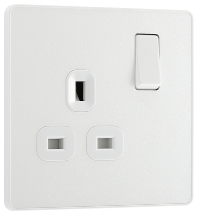 PCDCL21W Front - This Evolve pearlescent white 13A single switched socket from British General has been designed with angled in line colour coded terminals and backed out captive screws for ease of installation, and fits a 25mm back box making it an ideal retro-fit replacement for existing sockets.