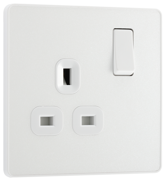 PCDCL21W Front - This Evolve pearlescent white 13A single switched socket from British General has been designed with angled in line colour coded terminals and backed out captive screws for ease of installation, and fits a 25mm back box making it an ideal retro-fit replacement for existing sockets.