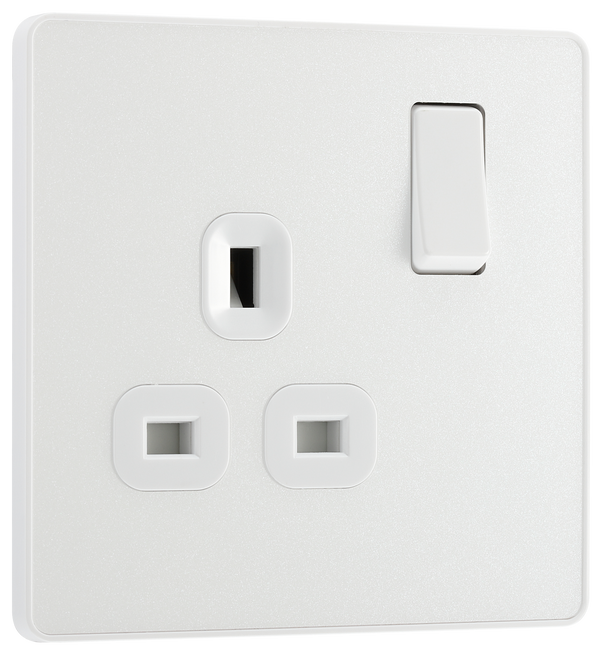 PCDCL21W Front - This Evolve pearlescent white 13A single switched socket from British General has been designed with angled in line colour coded terminals and backed out captive screws for ease of installation, and fits a 25mm back box making it an ideal retro-fit replacement for existing sockets.