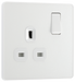PCDCL21W Front - This Evolve pearlescent white 13A single switched socket from British General has been designed with angled in line colour coded terminals and backed out captive screws for ease of installation, and fits a 25mm back box making it an ideal retro-fit replacement for existing sockets.