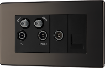 FBN69 Front - This screened Quadplex socket fromBritish General has an outlet for TV FM and 2 satellites, plus a re turn and shuttered telephone socket.