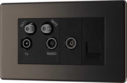 FBN69 Front - This screened Quadplex socket fromBritish General has an outlet for TV FM and 2 satellites, plus a re turn and shuttered telephone socket.