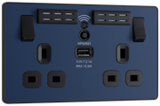 BG PCDDB22UWRB Matt Blue Evolve 2 Gang 13A 1x USB-A 2.1A Wi-FI Extender Switched Socket Outlet - Black Insert by British General (BG-PCDDB22UWRB-Shopify-SA_1)