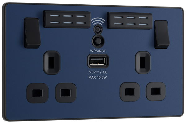 PCDDB22UWRB Front - This Evolve Matt Blue 13A double power socket with integrated Wi-Fi Extender from British General will eliminate dead spots and expand your Wi-Fi coverage.