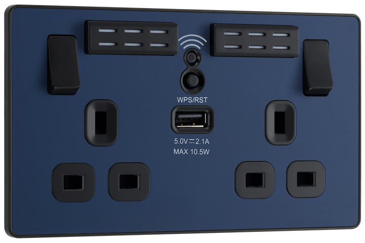 PCDDB22UWRB Front - This Evolve Matt Blue 13A double power socket with integrated Wi-Fi Extender from British General will eliminate dead spots and expand your Wi-Fi coverage.