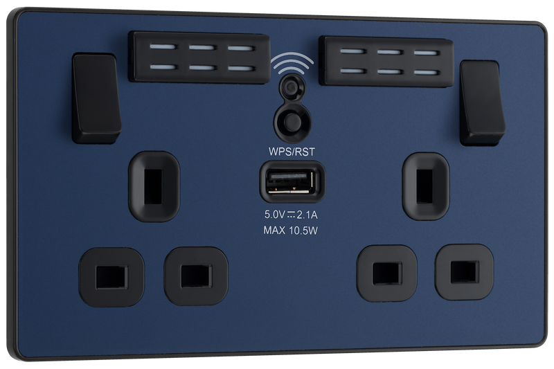 BG PCDDB22UWRB Matt Blue Evolve 2 Gang 13A 1x USB-A 2.1A Wi-FI Extender Switched Socket Outlet - Black Insert