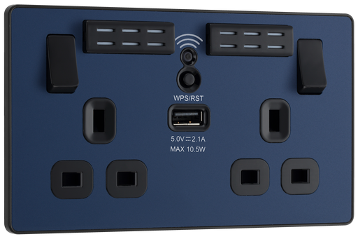 PCDDB22UWRB Front - This Evolve Matt Blue 13A double power socket with integrated Wi-Fi Extender from British General will eliminate dead spots and expand your Wi-Fi coverage.