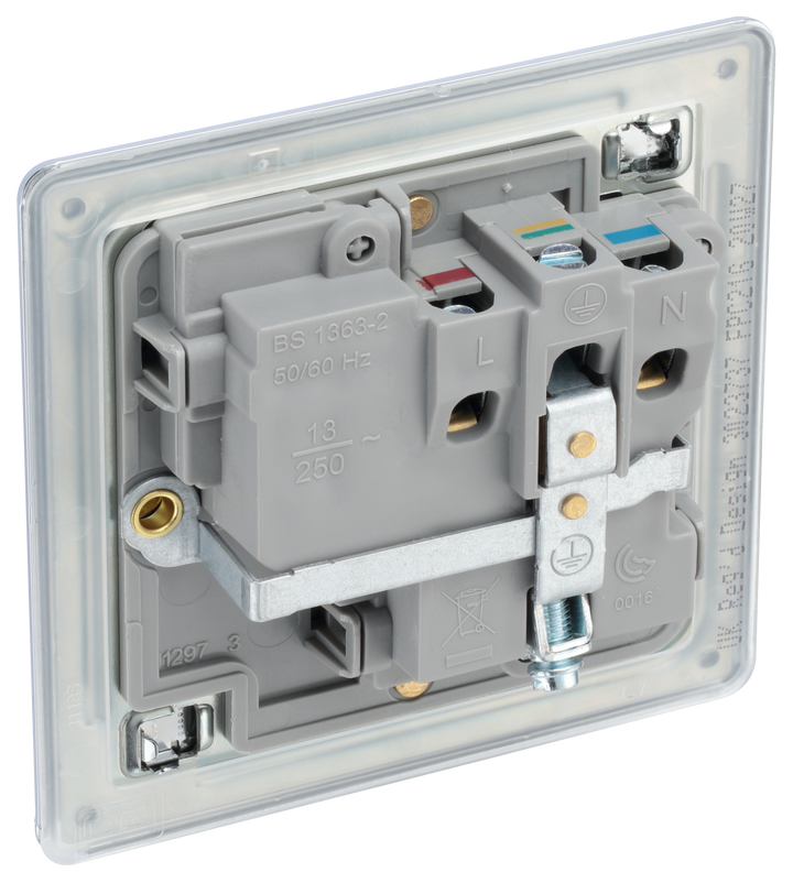 FPC21G Back - This Screwless Flat plate polished chrome finish 13A single switched socket from British General has a sleek flat profile that clips on and off for a screwless premium finish with no visible plastic around the switch.