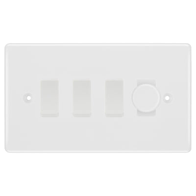 BG White 4 Gang Light Switch 1x Trailing Edge LED Dimmer 3x 2 Way Custom Switch by British General (BG-NEXUS-WM-4G-CUSTOM-1xDIMMER-3x 2WAY)