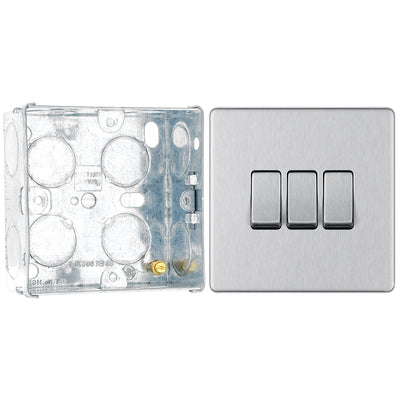 BG Screwless Brushed Steel 20A 16AX 2-Way Triple Light Switch FBS43 with 35mm Steel Back Box