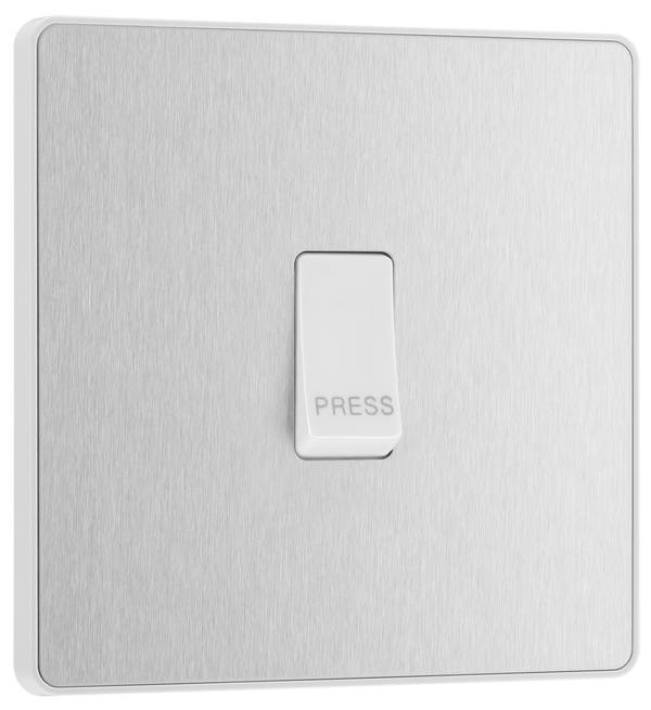 PCDBS14W Front - This Evolve Brushed Steel bell push switch from British General is ideal for use where access is restricted such as office buildings or hospitals, where visitors need to let those inside know they have arrived.