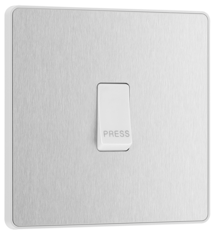 PCDBS14W Front - This Evolve Brushed Steel bell push switch from British General is ideal for use where access is restricted such as office buildings or hospitals, where visitors need to let those inside know they have arrived.