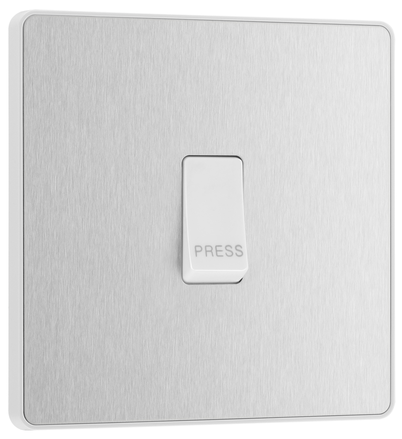 BG PCDBS14W Brushed Steel Evolve 10AX 1 Way Press Switch - White Insert