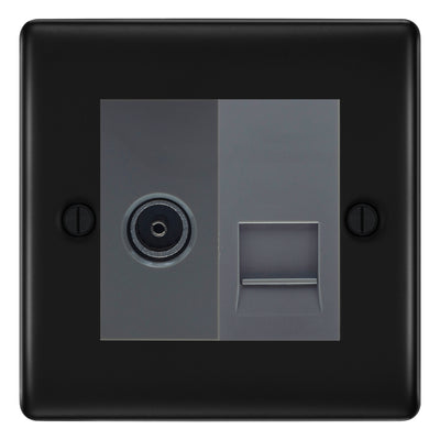 BG Nexus Matt Black TV Aerial & BT Telephone Outlet Plate — Screened + IDC - Grey