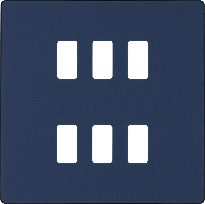RPCDDB6B Front - The Grid modular range from British General allows you to build your own module configuration with a variety of combinations and finishes. This matt blue finish Evolve front plate clips on for a seamless finish, and can accommodate 6 Grid modules - ideal for commercial applications.