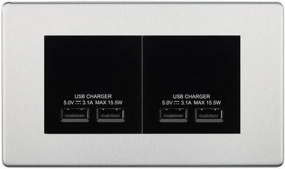 BG Screwless Brushed Steel 4G Euro Plate with 2X USB-A Dual Charger Black Insert by British General (BG-FBSEMR4+EMUSB3B)