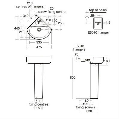 Ideal Standard Concept Arc 475mm Corner Basin With Overflow - White - E792801 by Ideal Standard (idealstandard-E792801)
