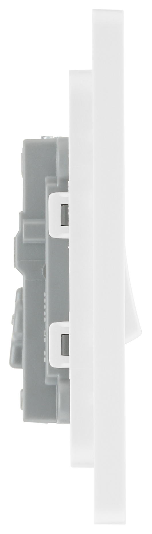 PCDCL13W Side - This Evolve pearlescent white 20A 16AX intermediate light switch from British General should be used as the middle switch when you need to operate one light from 3 different locations, such as either end of a hallway and at the top of the stairs.