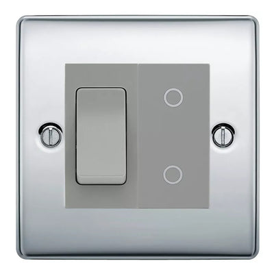 BG Polished Chrome 2 Gang Custom Switch 1x 2 Way Switch 1x Master Touch Dimmer Grey Inserts by British General (BG-NEXUS-PC-2G-1x-2WAY-SWITCH-1x-MTD-GI)