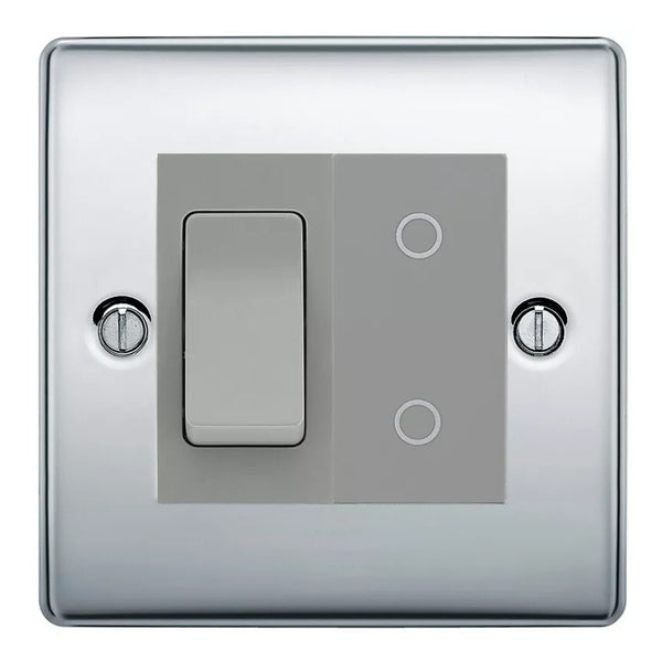 BG Polished Chrome 2 Gang Custom Switch 1x 2 Way Switch 1x Master Touch Dimmer Grey Inserts