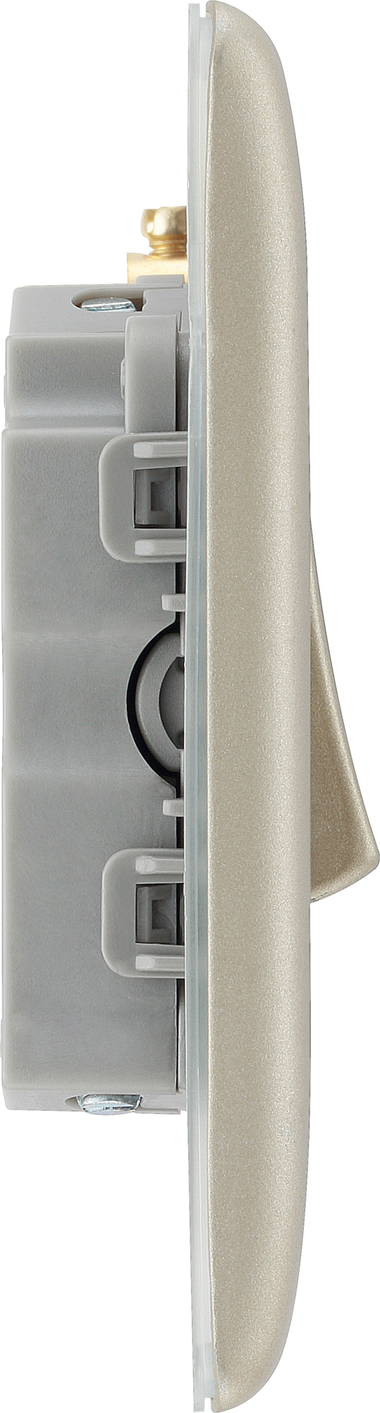 NPR43 Side - This pearl nickel finish 20A 16AX triple light switch from British General can operate 3 different lights whilst the 2 way switching allows a second switch to be added to the circuit to operate the same light from another location (e.g. at the top and bottom of the stairs).