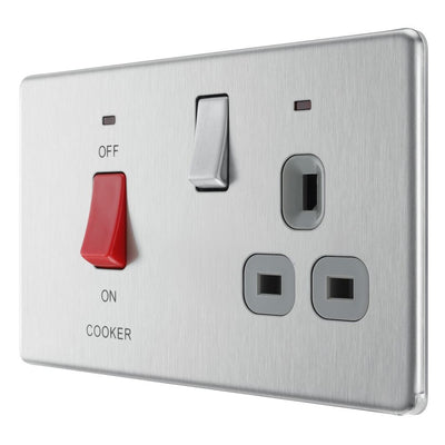 BG Screwless Brushed Steel 45 Amp Cooker Control Unit c/w Neon FBS70G with 25mm Steel Back Box