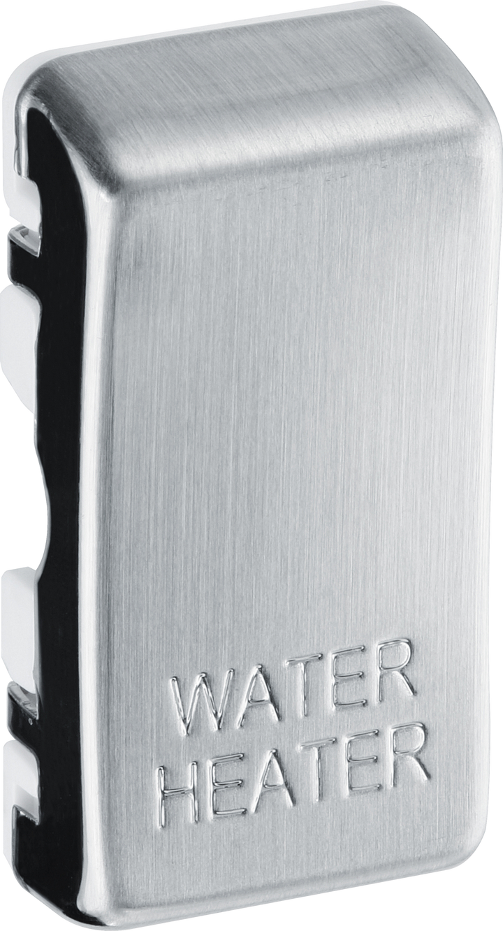 RRWHBS Side - This brushed steel finish rocker can be used to replace an existing switch rocker in the British General Grid range for easy identification of the device it operates and has 'WATER HEATER' embossed on it.