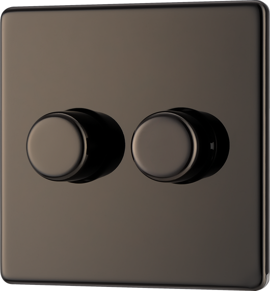 FBN82 Front - This trailing edge double dimmer switch from British General allows you to control your light levels and set the mood. The intelligent electronic circuit monitors the connected load and provides a soft-start with protection against thermal, current and voltage overload.