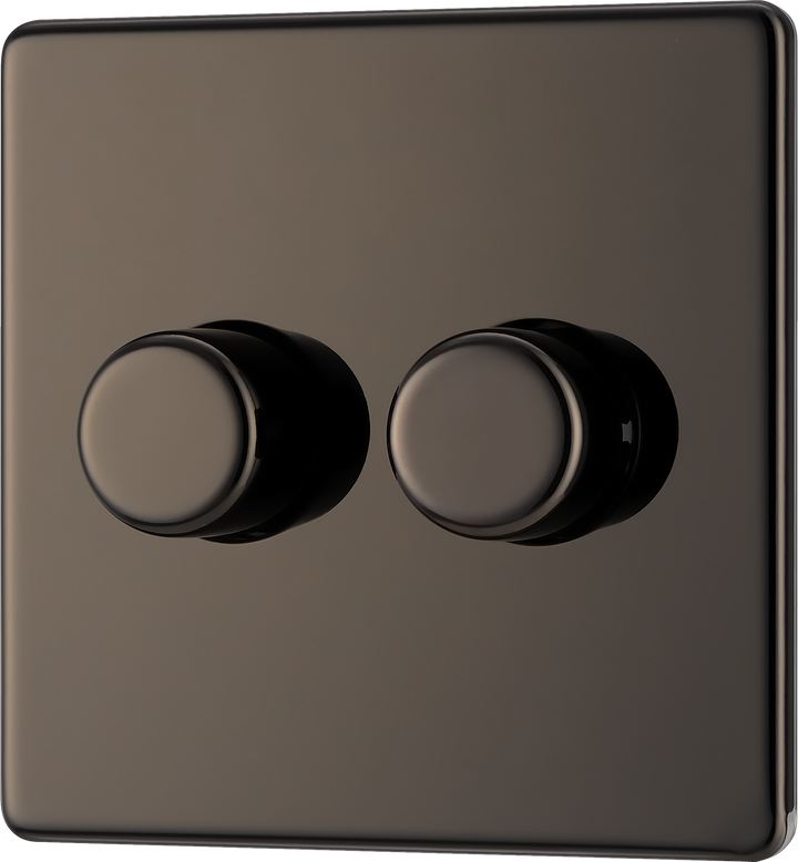 FBN82 Front - This trailing edge double dimmer switch from British General allows you to control your light levels and set the mood. The intelligent electronic circuit monitors the connected load and provides a soft-start with protection against thermal, current and voltage overload.