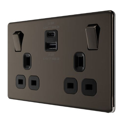 BG Screwless Black Nickel 13A Double USB 22W A+C Ports FBN22UAC22B by British General