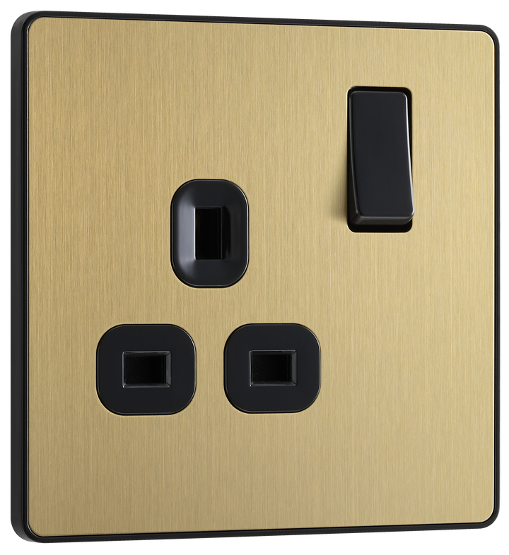 PCDSB21B Front - This Evolve Satin Brass 13A single switched socket from British General has been designed with angled in line colour coded terminals and backed out captive screws for ease of installation, and fits a 25mm back box making it an ideal retro-fit replacement for existing sockets.