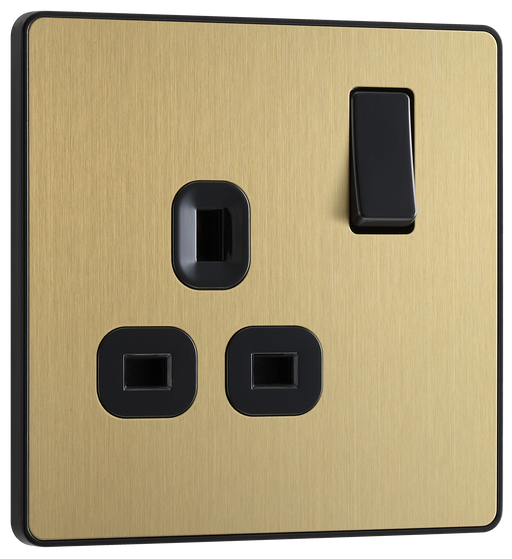 PCDSB21B Front - This Evolve Satin Brass 13A single switched socket from British General has been designed with angled in line colour coded terminals and backed out captive screws for ease of installation, and fits a 25mm back box making it an ideal retro-fit replacement for existing sockets.