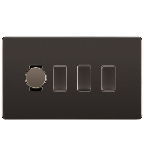 BG Black Nickel Screwless Flat Plate 4 Gang Light Switch 1x Trailing Edge LED Dimmer 3x 2 Way Custom Switch