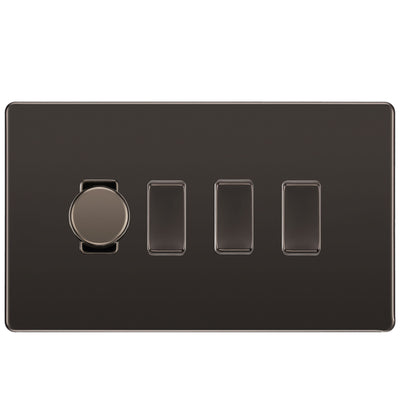 BG Black Nickel Screwless Flat Plate 4 Gang Light Switch 1x Trailing Edge LED Dimmer 3x 2 Way Custom Switch by British General (SCREWLESS-BN-4G-CUSTOM-1xDIMMER-3x-2Way)