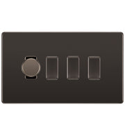 BG Black Nickel Screwless Flat Plate 4 Gang Light Switch 1x Trailing Edge LED Dimmer 3x 2 Way Custom Switch by British General (SCREWLESS-BN-4G-CUSTOM-1xDIMMER-3x-2Way)