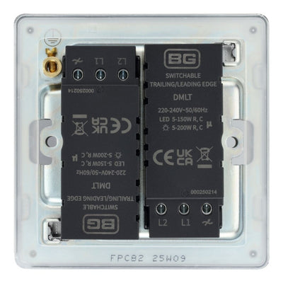 BG Screwless Polished Chrome 200W 2 Way Double Trailing Edge Dimmer Switch FPC82 with 35mm Steel Back Box